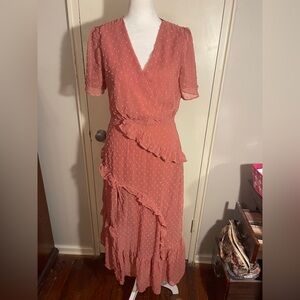 Lulus Next to You Swiss dot rusty rose ruffled midi short sleeve dress. Size s.